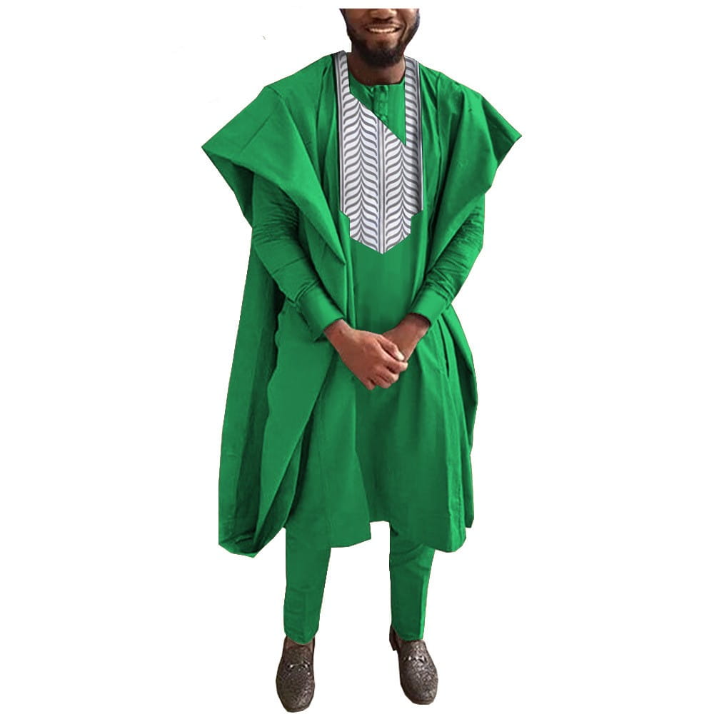 Bright green African agbada with geometric embroidery from a stylish tuxedo three-piece suit.