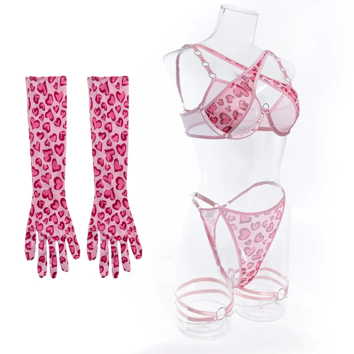 Pink Leopard Print Metal Chain Sexy Lingerie Suit