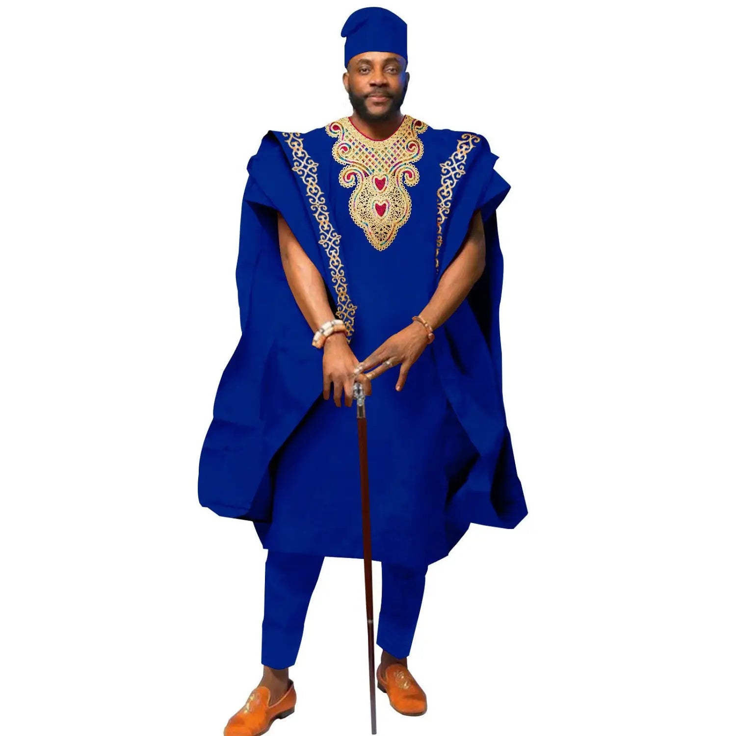 Royal Blue African Agbada with Gold Embroidery for Traditional African Cotton Wedding Suit