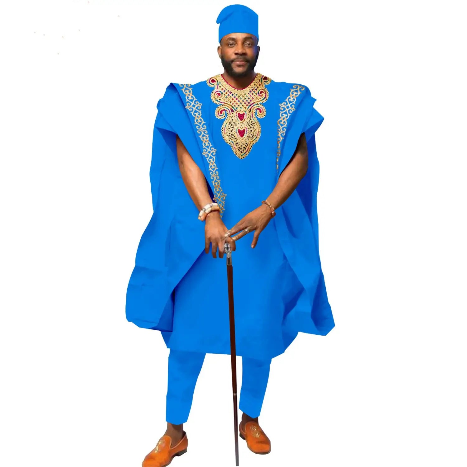 Traditional African cotton wedding suit for men featuring a bright blue Agbada robe.