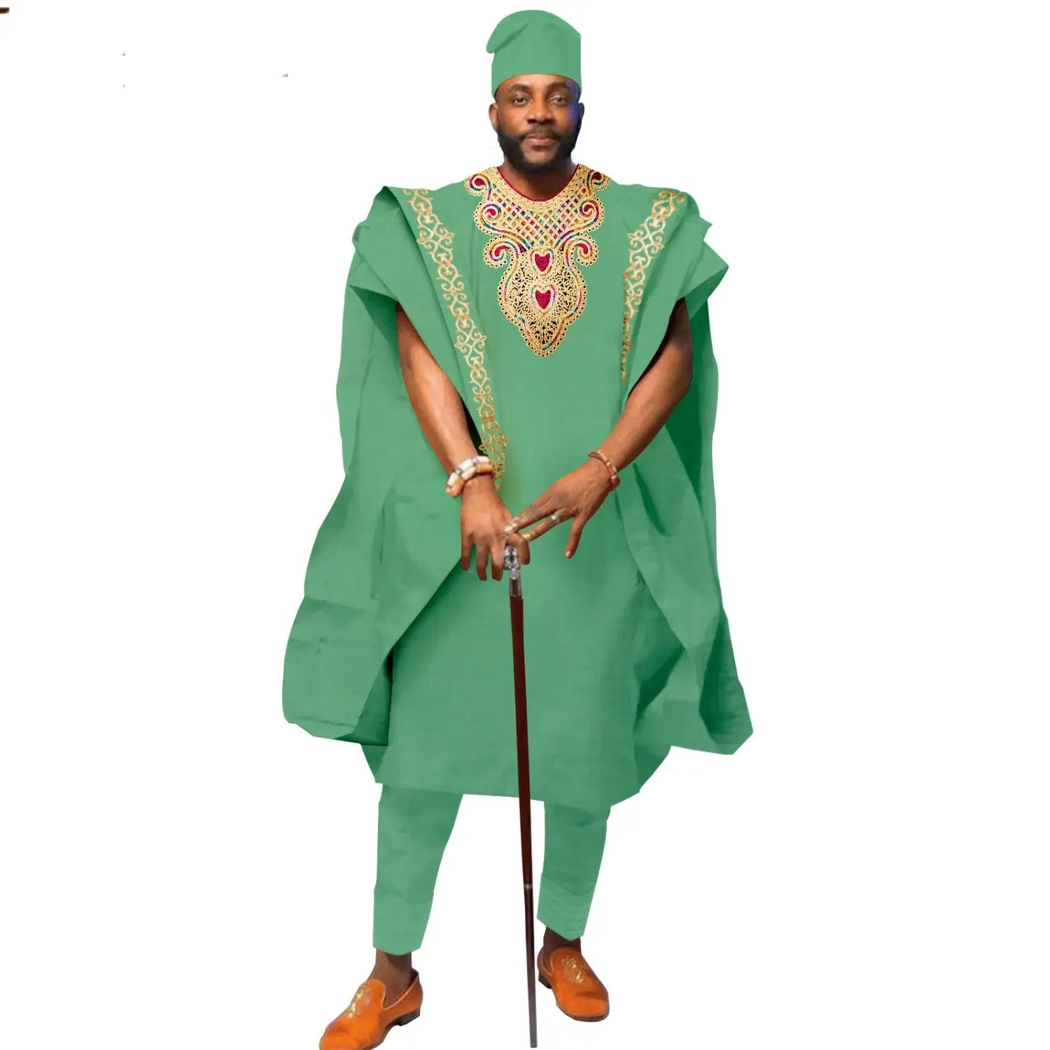 Traditional African Cotton Wedding Suit with green Agbada robe and gold embroidery.