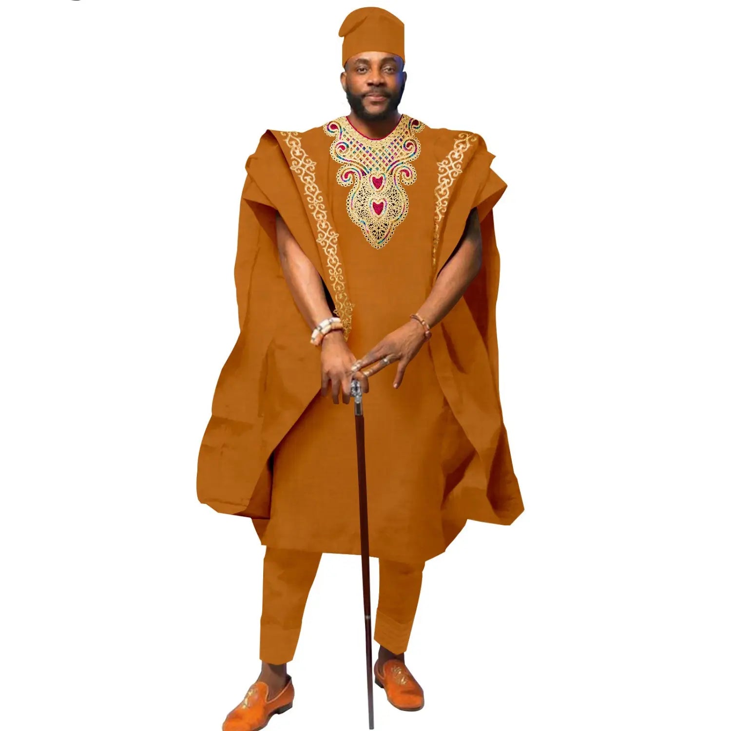 Traditional African Cotton Wedding Suit for Men in burnt orange with embroidered agbada.