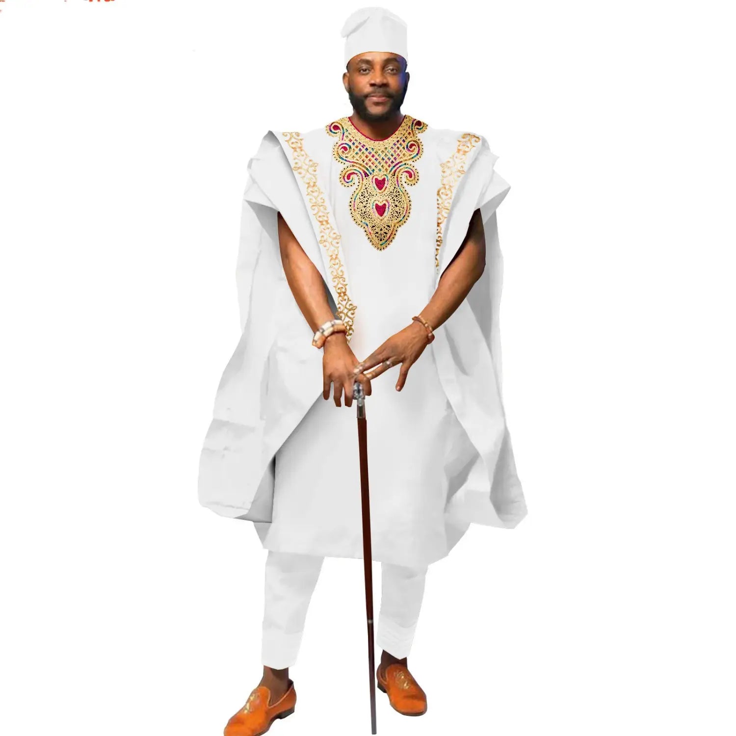 Traditional African Cotton Wedding Suit for Men in white with gold and red embroidery.