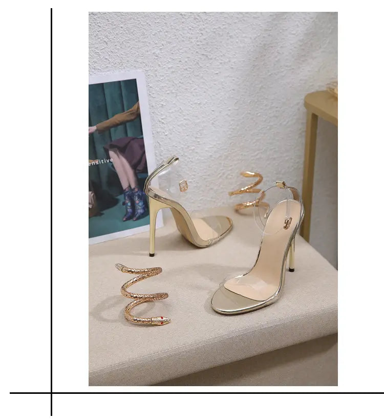 Rhinestone High-heeled Sandals Snakelike Winding Round Toe