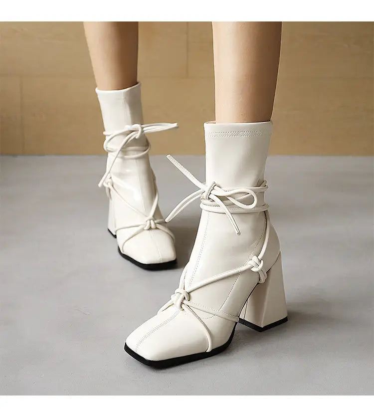 Lace Up Thick High Heel Square Head Women’s Ankle Boots