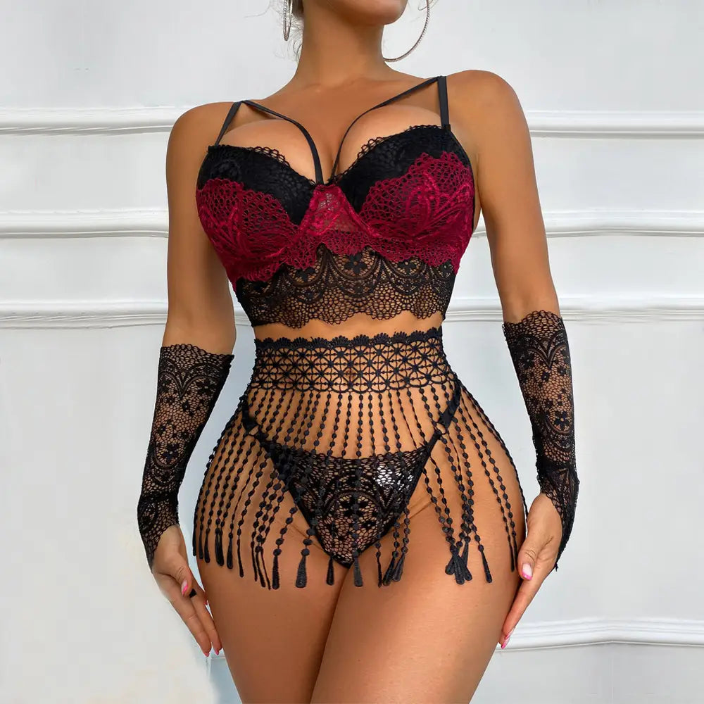 Beautiful Lace Lingerie Set With Tassel Waist And Sexy