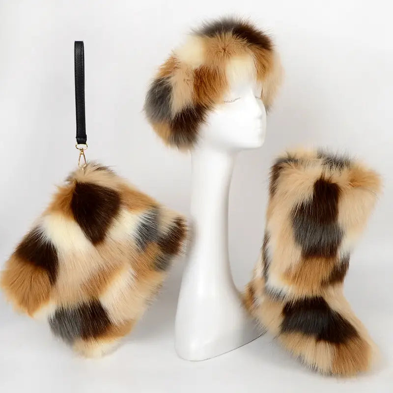 Multi-colored padded imitation fur women’s winter accessories set with boots and hat.