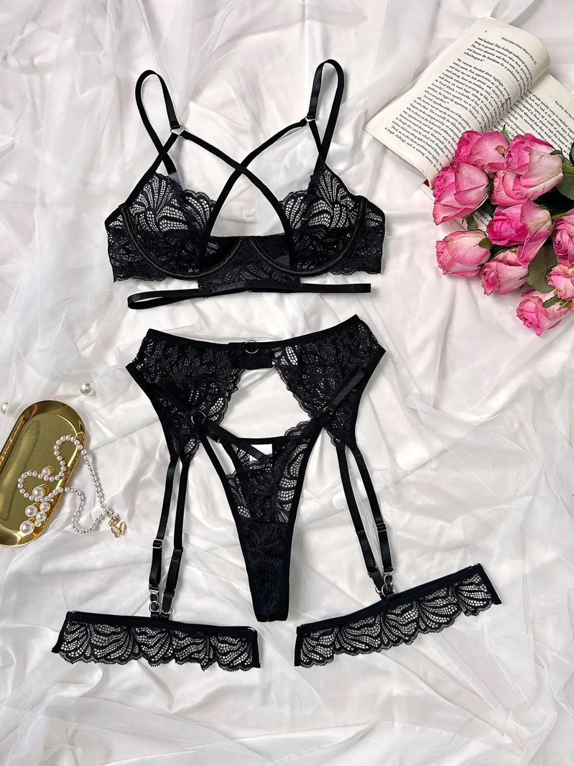Four Piece Sexy Erotic Lingerie Set With Lace Steel Ring