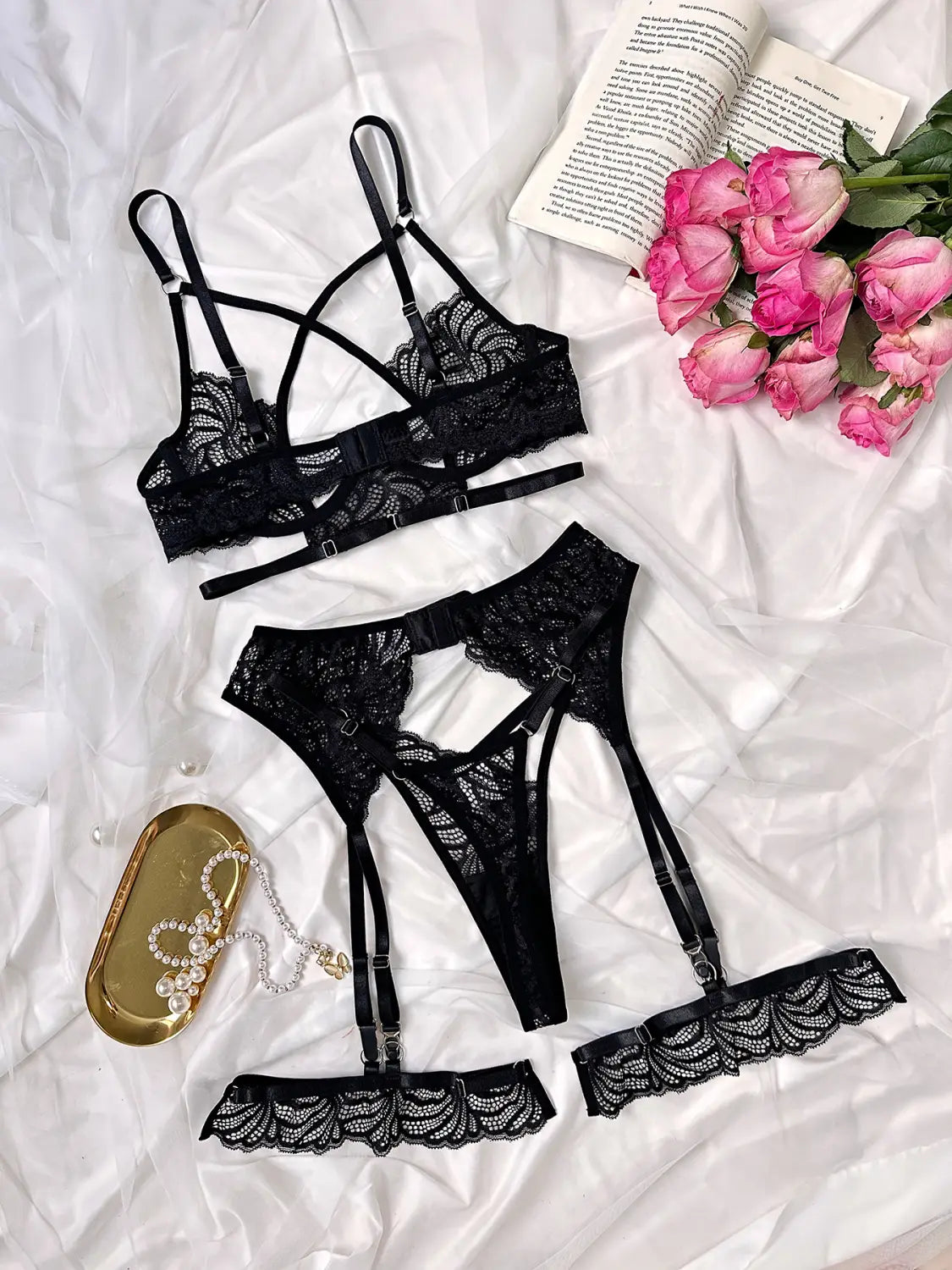 Four Piece Sexy Erotic Lingerie Set With Lace Steel Ring