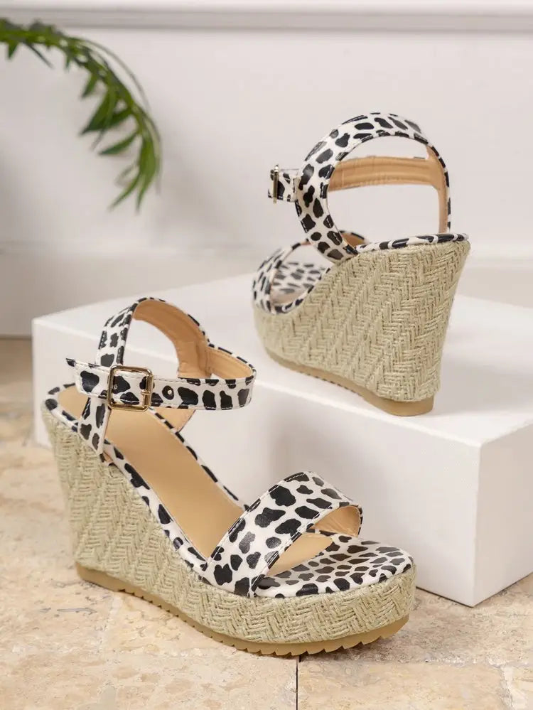Ladies Leopard Print Open Toe Wedge Heel Ankle Buckle