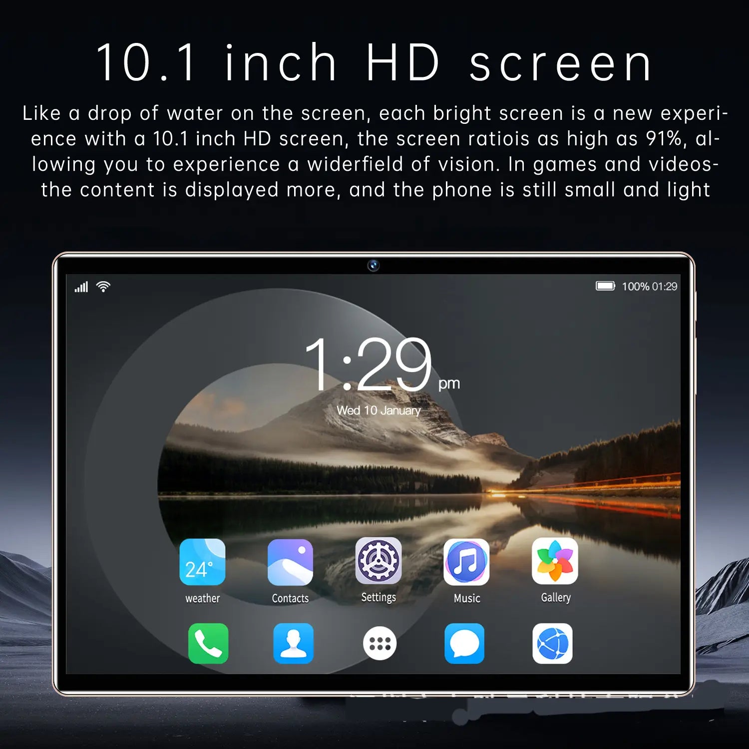 10.1 inch screen Android tablet showing sunset wallpaper and app icons on home screen.