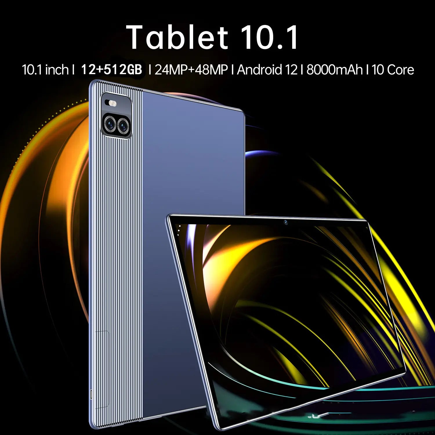 10.1 inch screen Android tablet with 5G dual cameras and stylish striped metallic back.