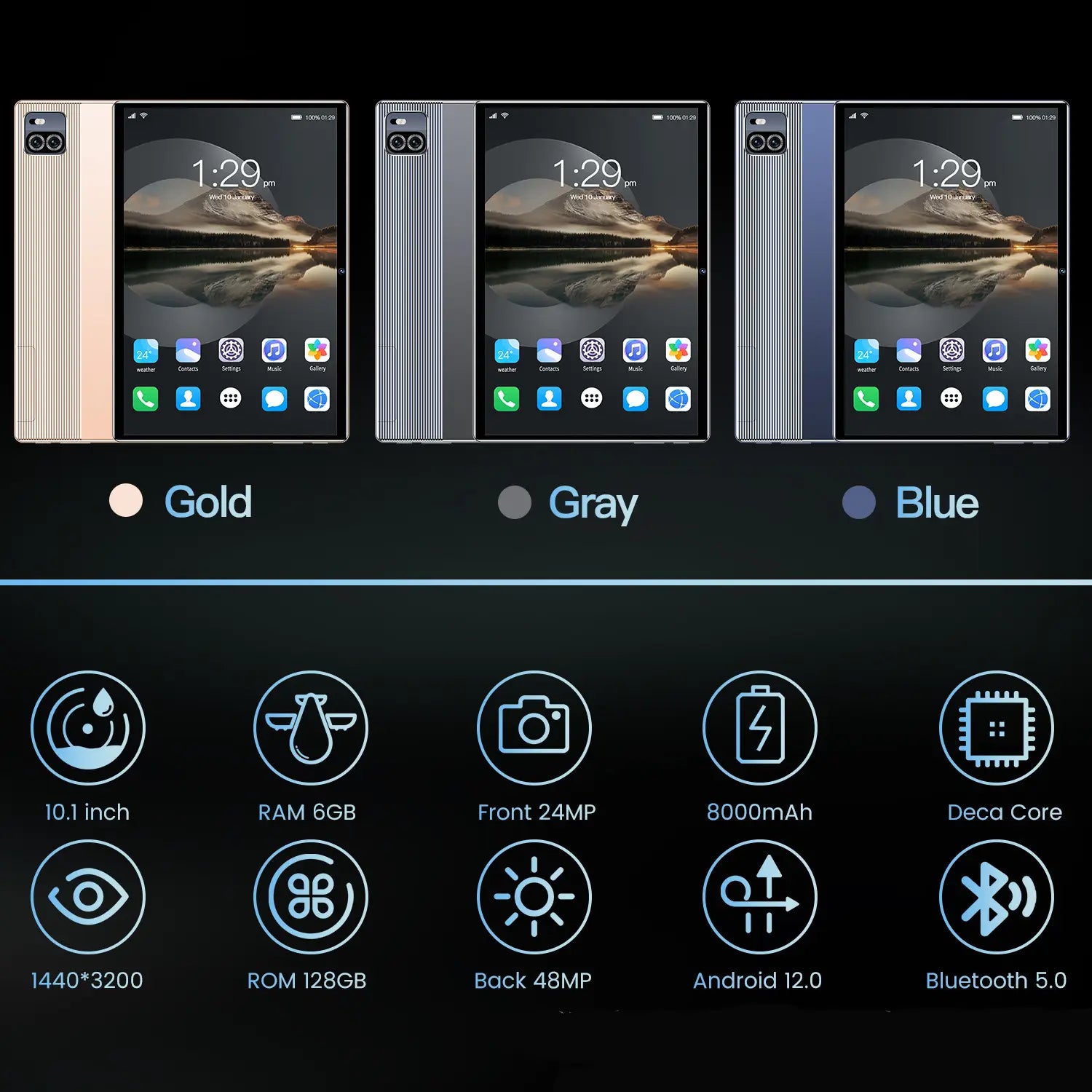 Tablet device in gold, gray, and blue showcasing Pleasures and Sins 10.1 inch screen android tablet specs.