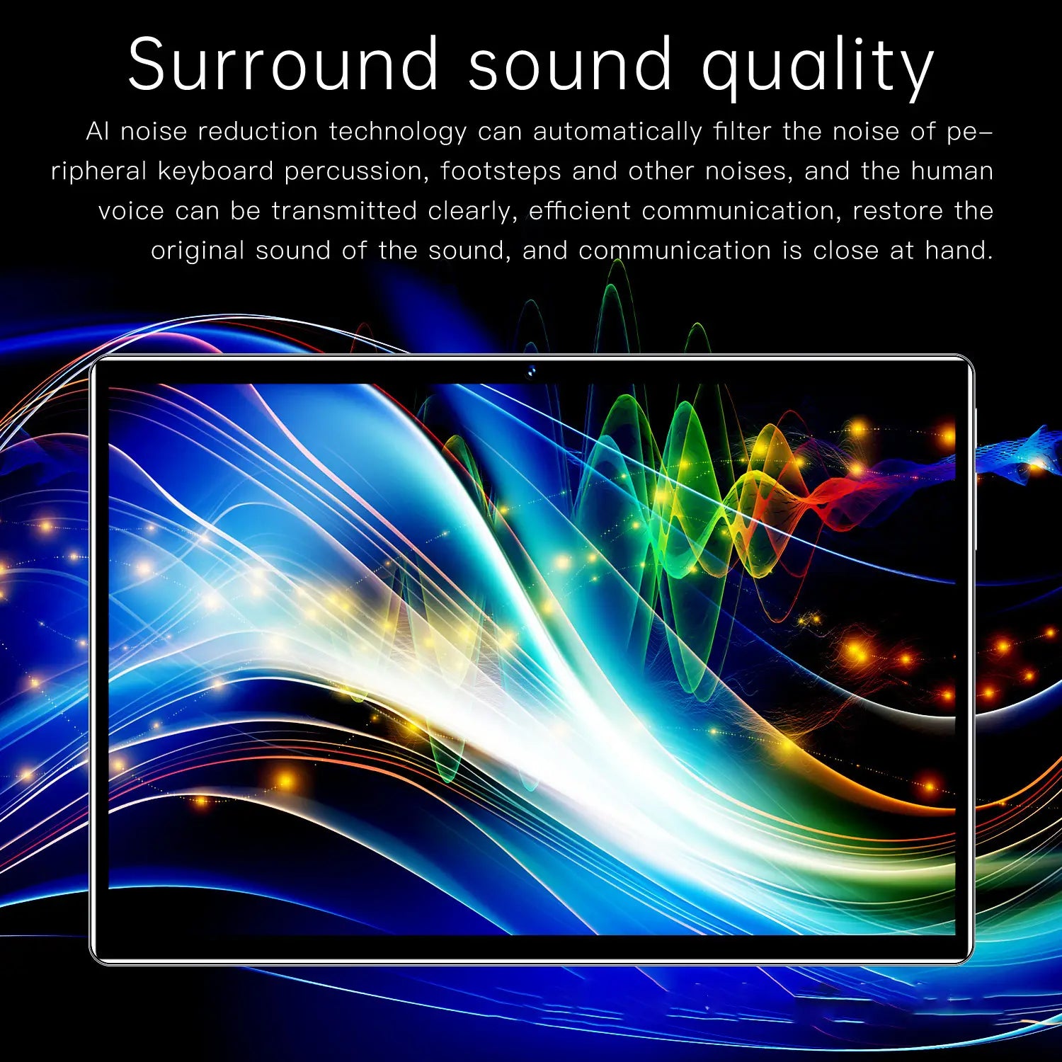 Colorful abstract waves of light and sound on a Pleasures and Sins 10.1 Inch Screen Android Tablet.