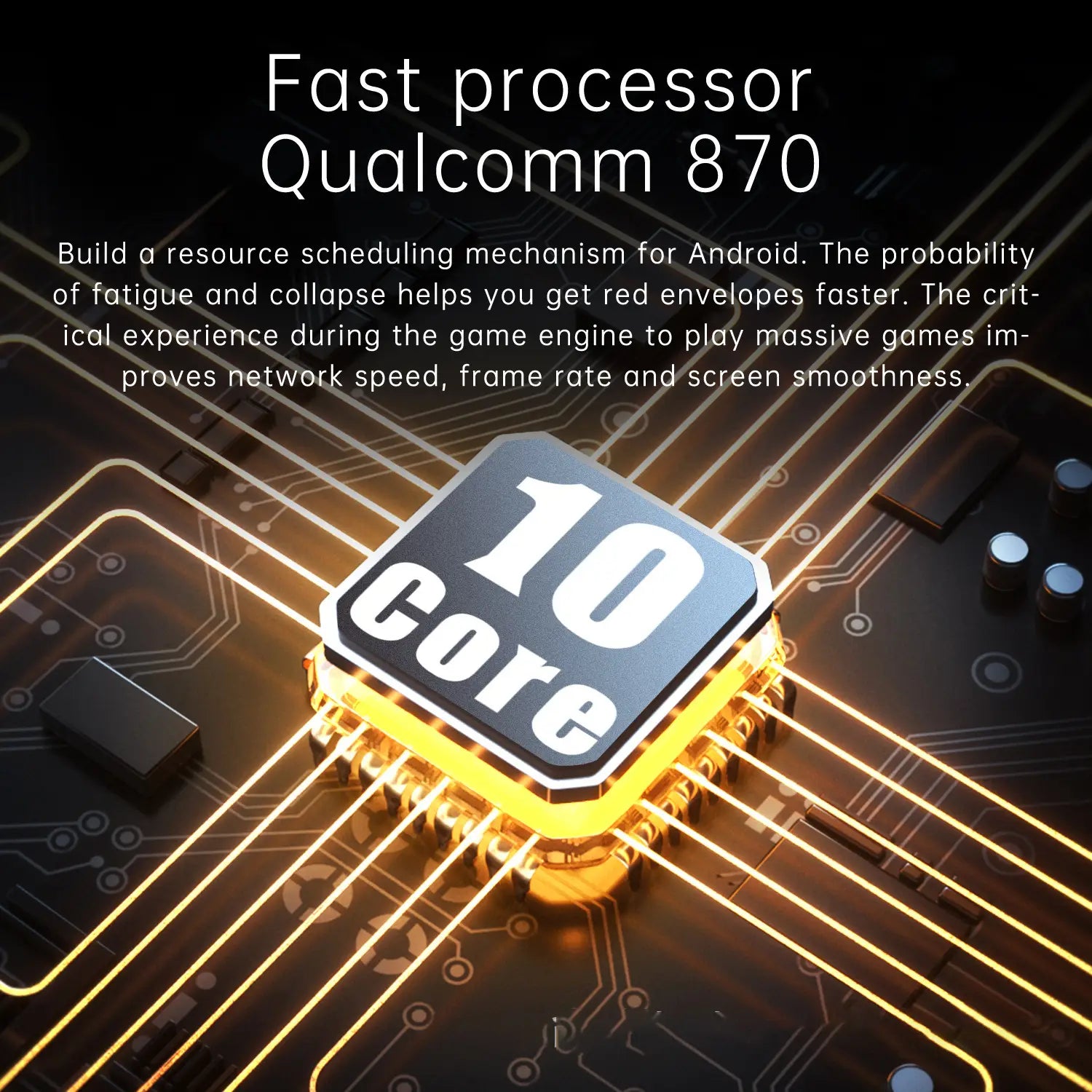 Glowing Qualcomm 870 chip showcasing 10 Core on Pleasures and Sins inch screen Android tablet.