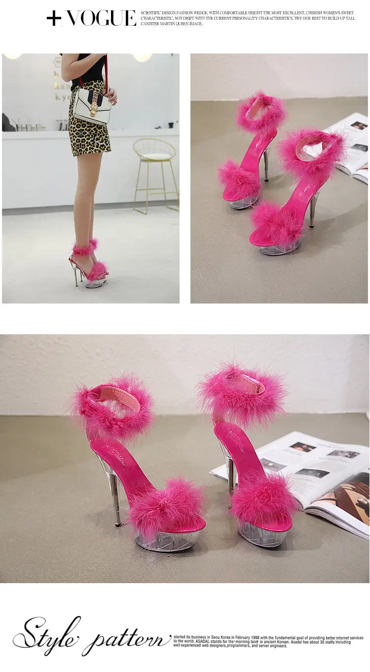 Summer Stiletto Heel Sandals With Fluffy Fur Front