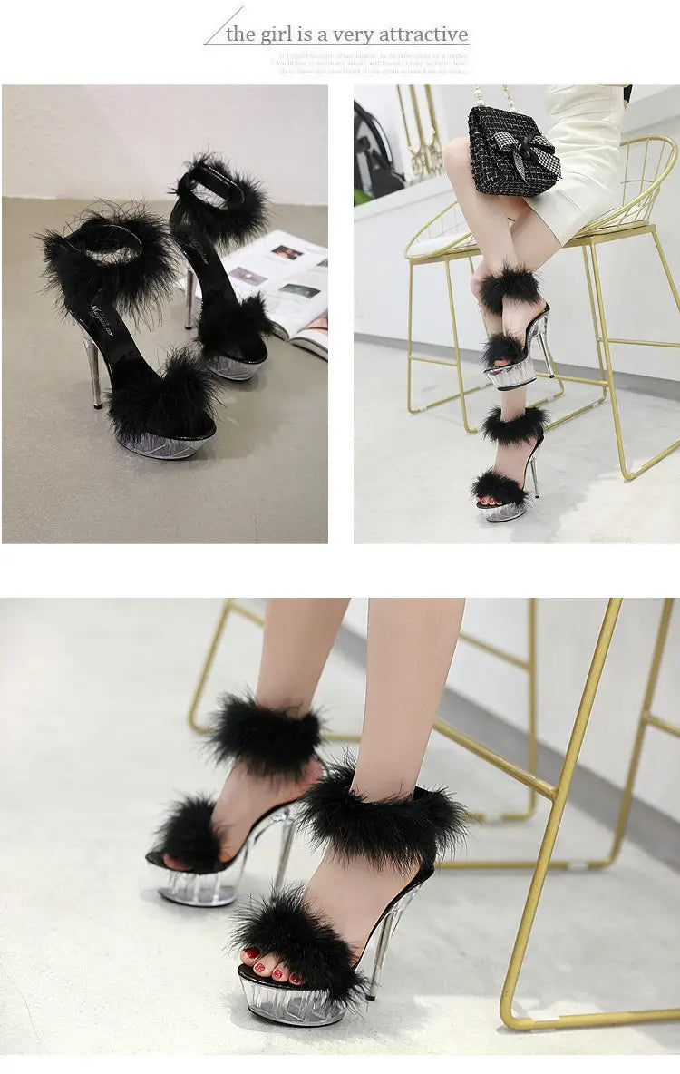 Summer Stiletto Heel Sandals With Fluffy Fur Front
