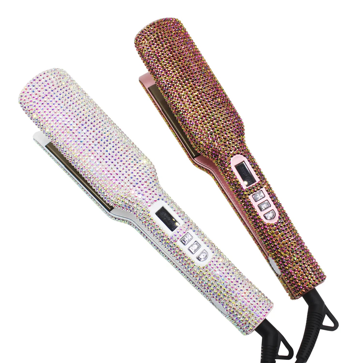 Sparkly Glamshine Titanium Hair Straightener with rhinestone wide plates in white and rose gold