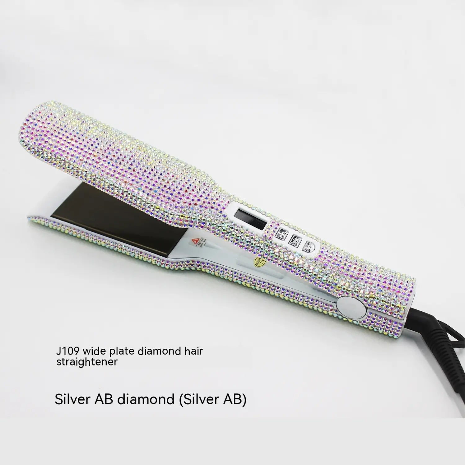 Bejeweled silver Glamshine Titanium Hair Straightener with rhinestone wide plates.