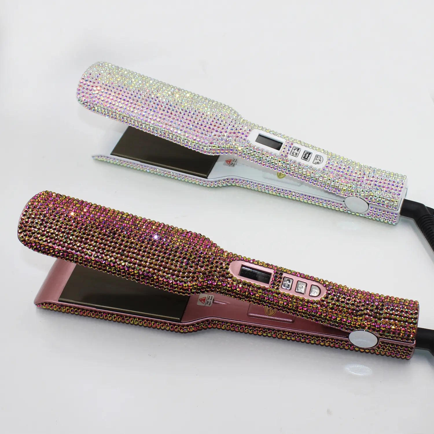 Glamshine Titanium Hair Straightener with Rhinestone Wide Plates in pink and iridescent.