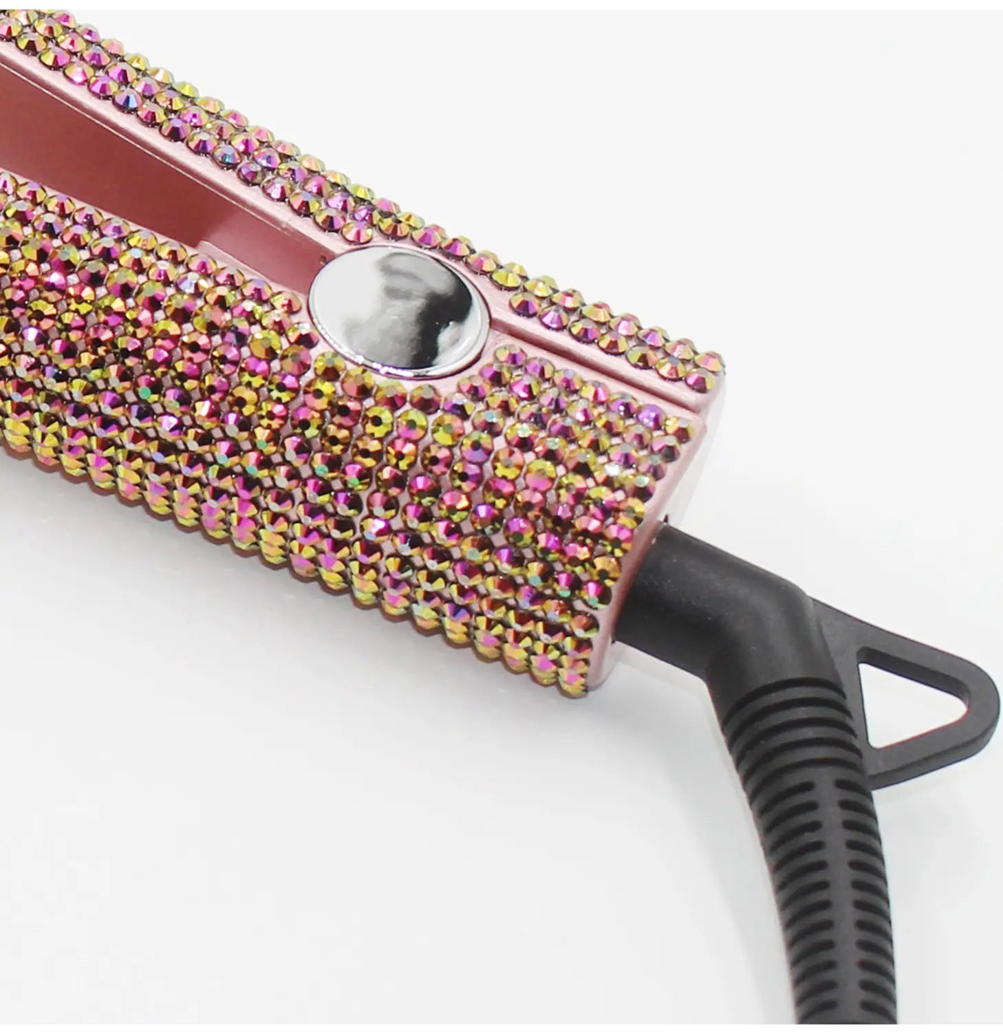 Pink and gold rhinestone wide plates on Glamshine Titanium Hair Straightener with black handle