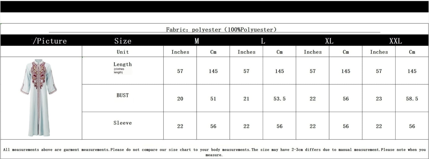 Size chart and measurement guide for Ornate Muslim Middle East Embroidery Dress.