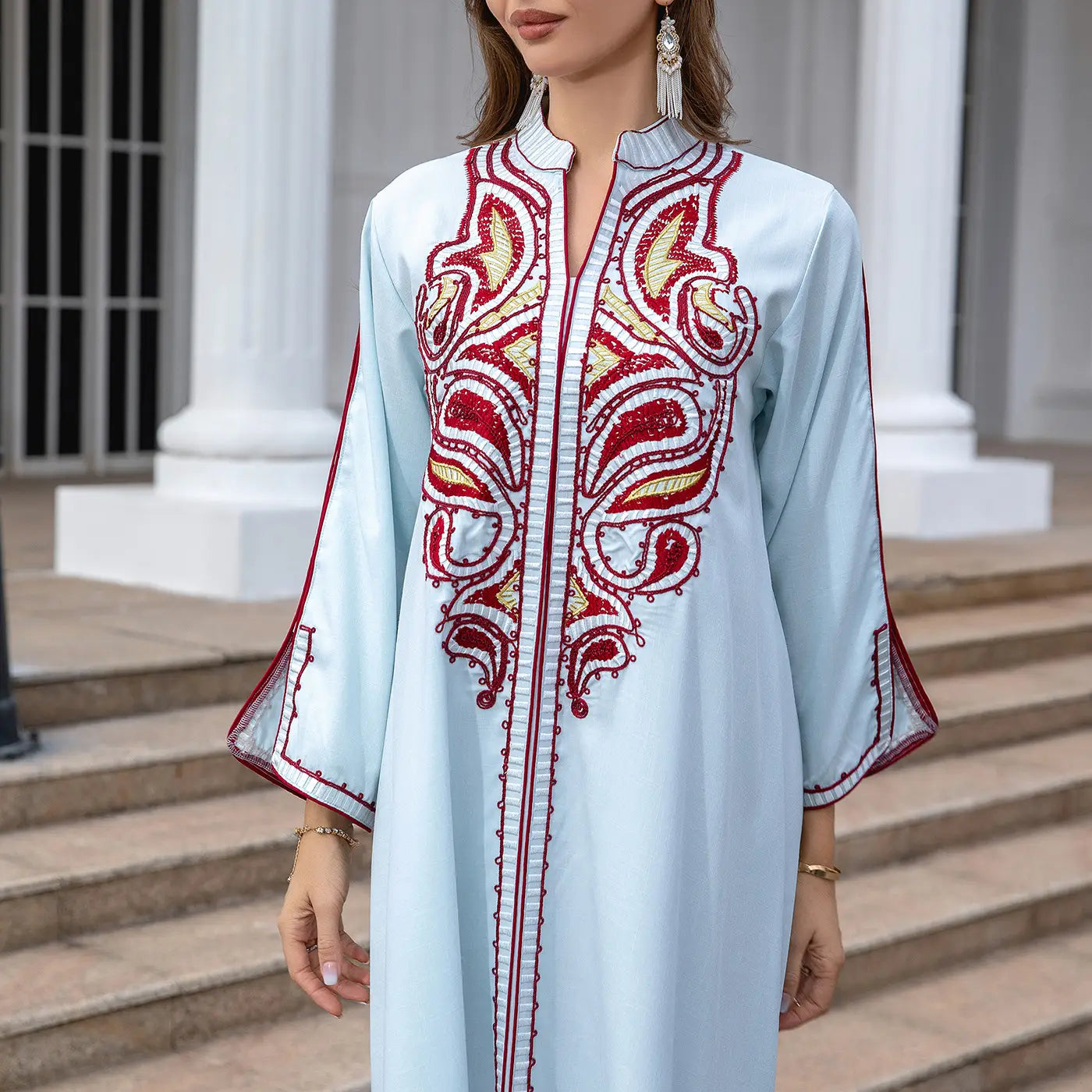 Light blue kaftan with red and silver Middle East embroidery, perfect Muslim East embroidery dress.