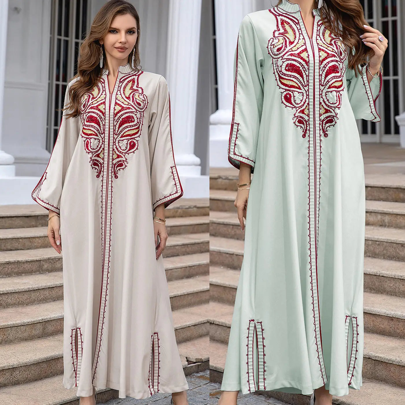 Long flowing Ornate Muslim Middle East Embroidery Kaftan-style Dress in beige and mint green.