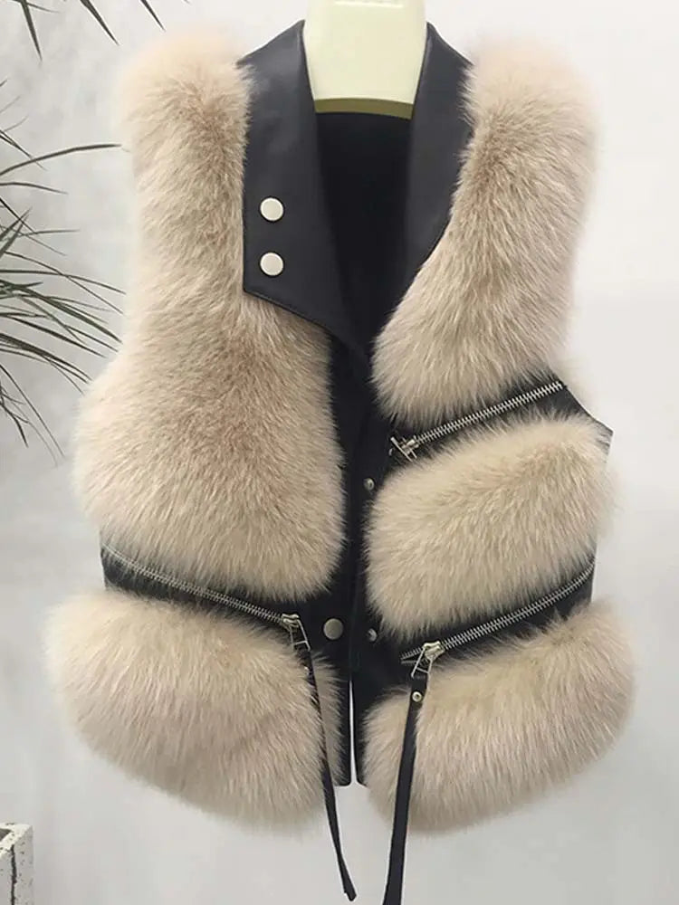 Women’s Faux Leather and Fur Collar zip Tassel Gilet Vest