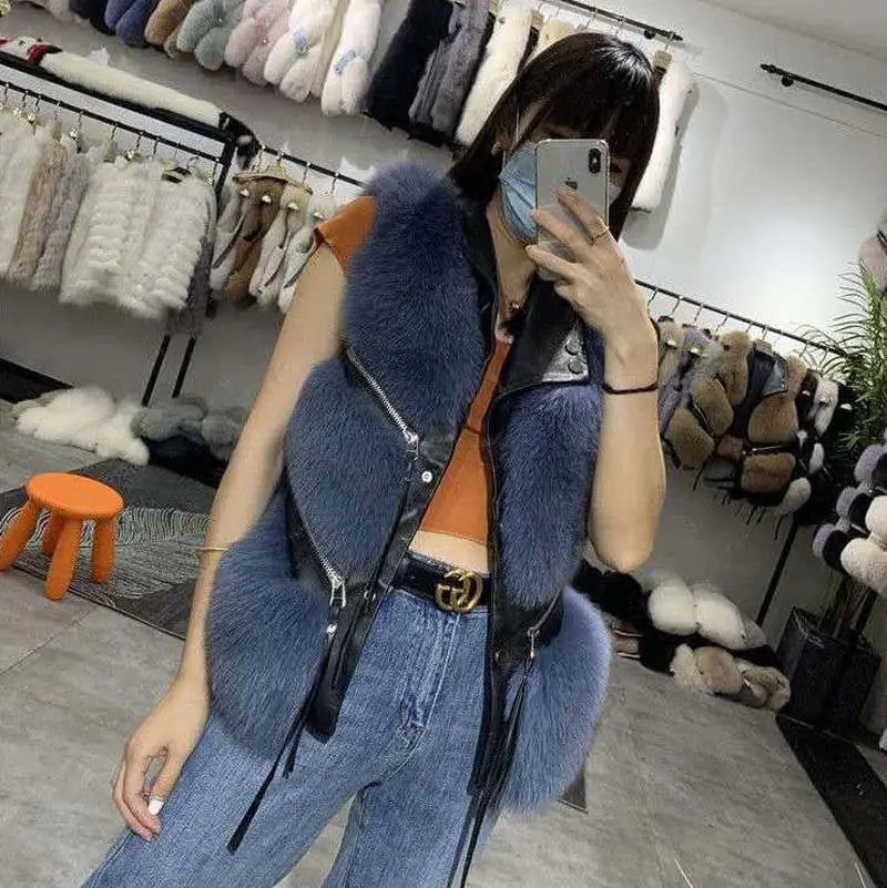 Women’s Faux Leather and Fur Collar zip Tassel Gilet Vest