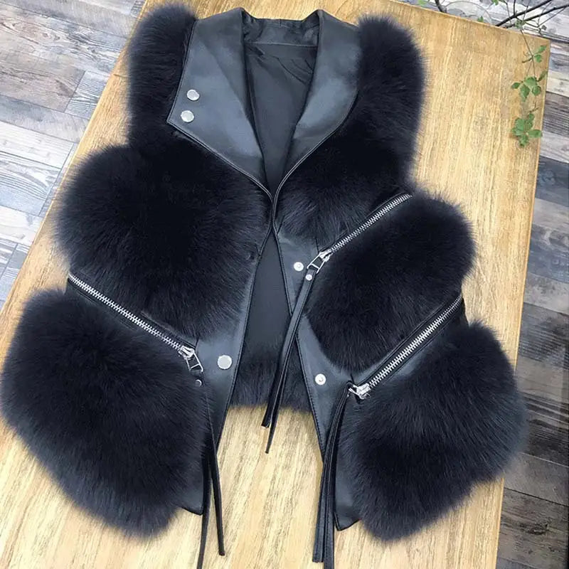 Women’s Faux Leather and Fur Collar zip Tassel Gilet Vest