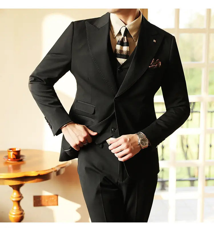 High-end Wedding Bridegroom Linen Suit Three-piece Suit Men