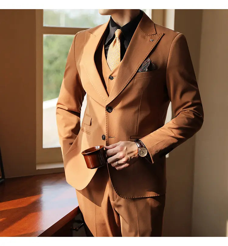 High-end Wedding Bridegroom Linen Suit Three-piece Suit Men