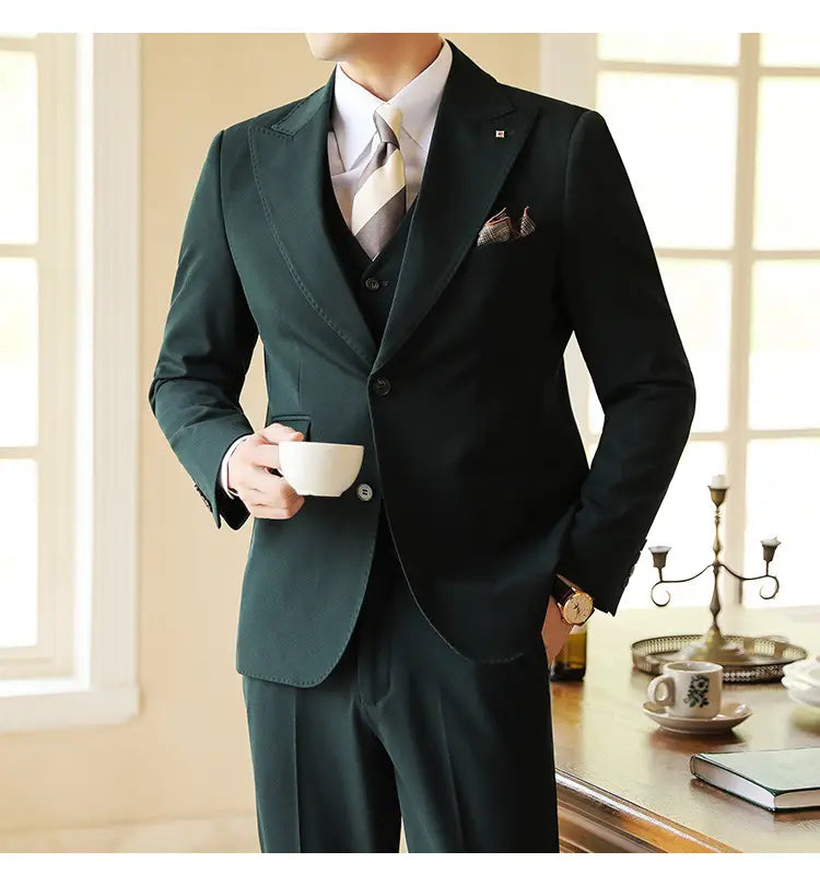 High-end Wedding Bridegroom Linen Suit Three-piece Suit Men