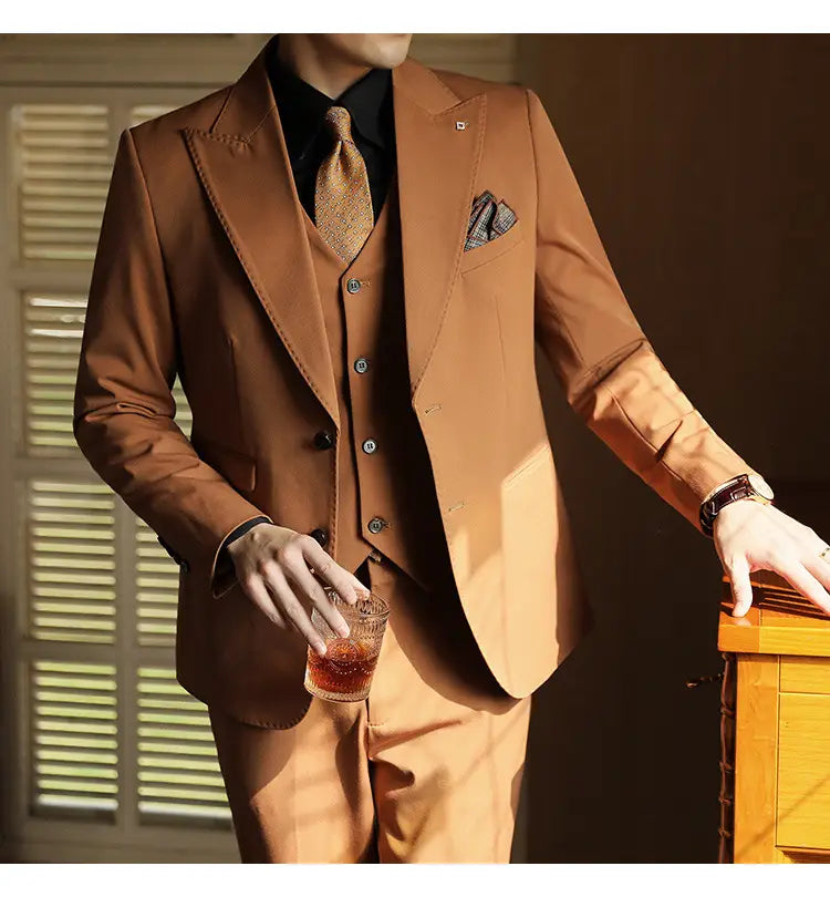 High-end Wedding Bridegroom Linen Suit Three-piece Suit Men