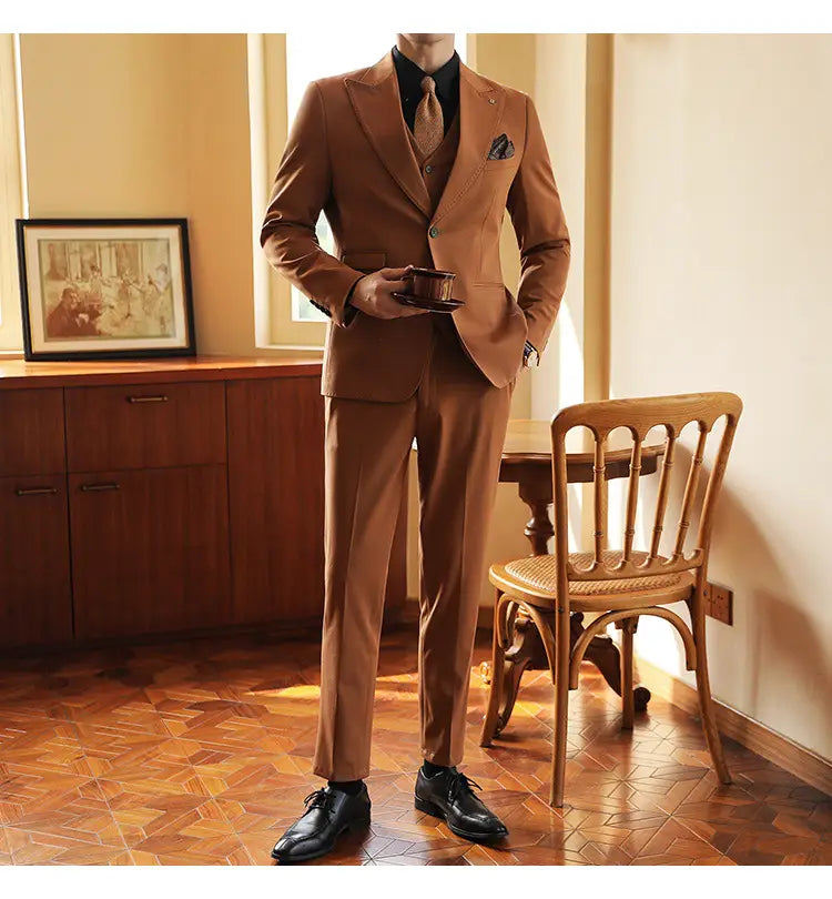 High-end Wedding Bridegroom Linen Suit Three-piece Suit Men