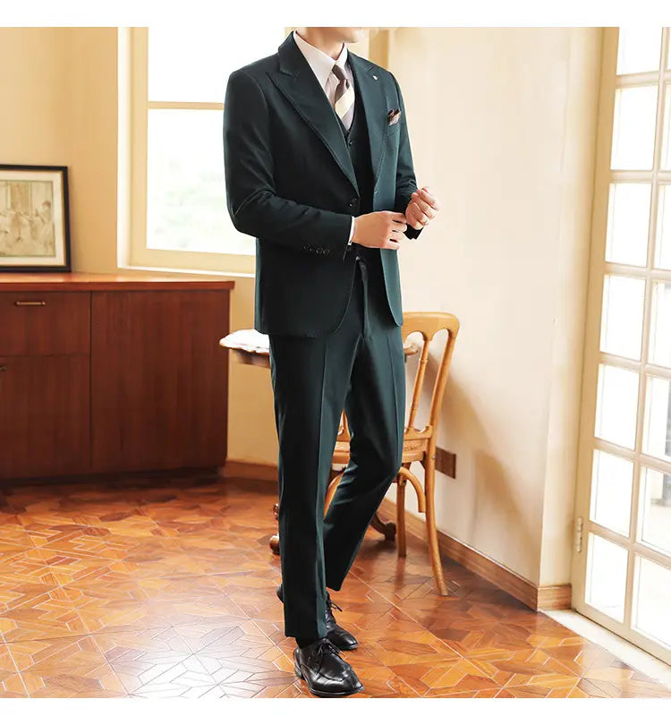 High-end Wedding Bridegroom Linen Suit Three-piece Suit Men