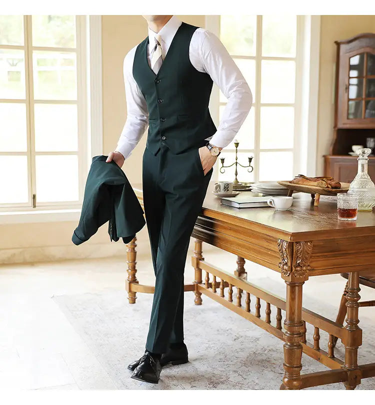 High-end Wedding Bridegroom Linen Suit Three-piece Suit Men