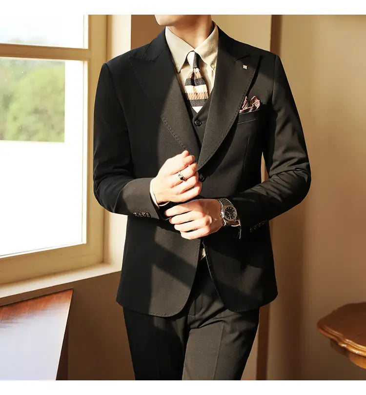 High-end Wedding Bridegroom Linen Suit Three-piece Suit Men