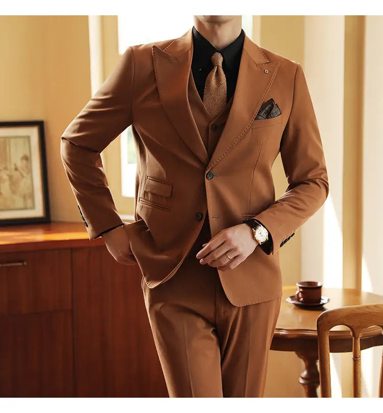 High-end Wedding Bridegroom Linen Suit Three-piece Suit Men