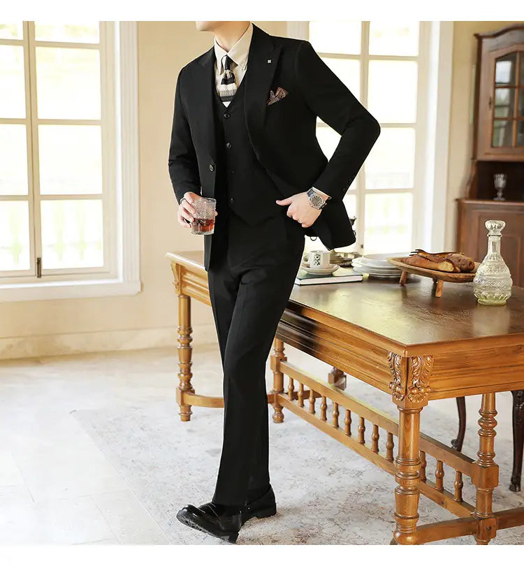 High-end Wedding Bridegroom Linen Suit Three-piece Suit Men