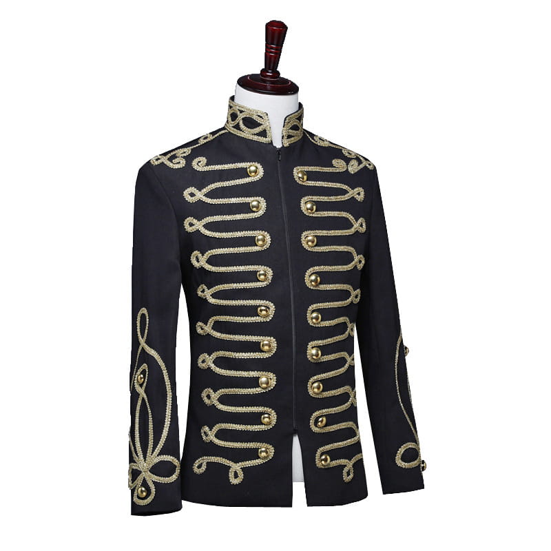 Veste militaire à fermeture éclair incrustée d'or pour homme, en noir, avec des galons et des boutons dorés ornés.