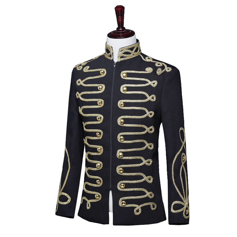 Veste militaire à fermeture éclair incrustée d'or pour homme, en noir, avec des galons dorés ornés et un col montant.