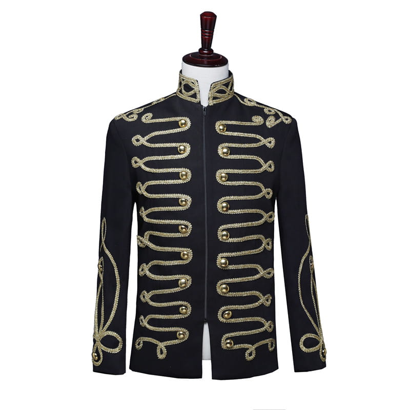 Élégante veste militaire à fermeture éclair incrustée d'or pour homme, en noir, avec des galons ornés d'or.