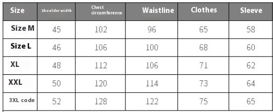 Tableau des tailles pour la veste de l'armée à fermeture éclair incrustée d'or pour hommes en noir, mesures de M à 3XL.