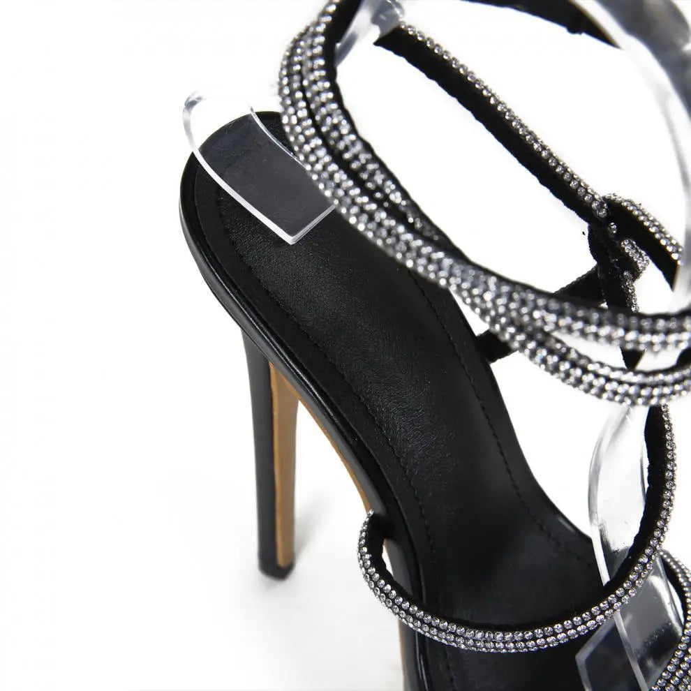 Black high-heeled waterproof platform rhinestone catwalk sandals with stunning straps.