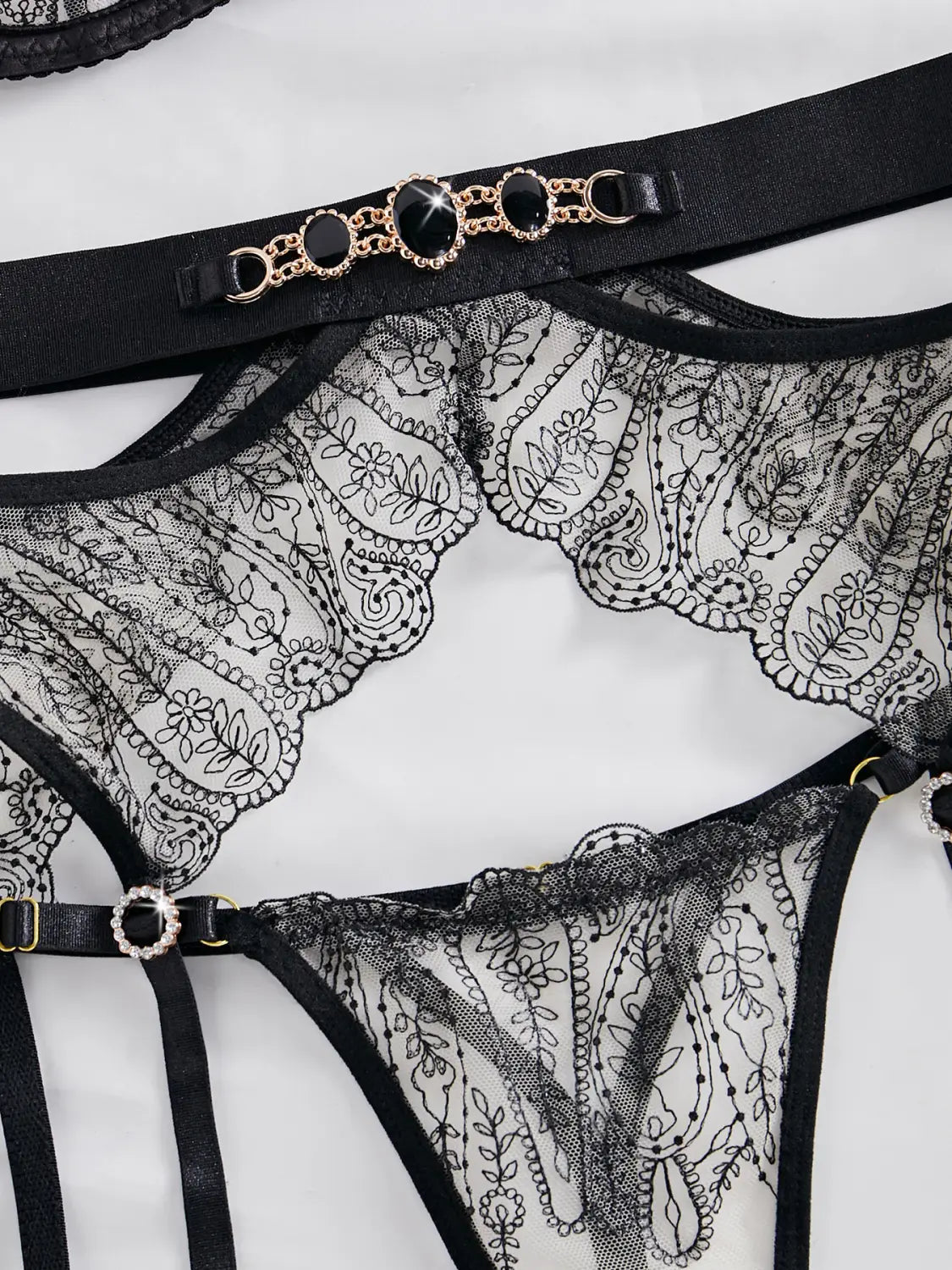 Gem Detail and Metal Chain See-through Underwear Four-piece