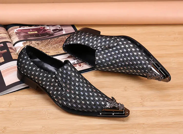 Black patterned mens slip-on leather shoes with cool metallic pointed toes.