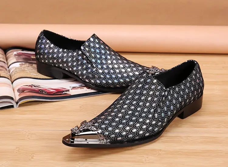 Luxury mens slip-on shoes featuring metallic-tipped leather and geometric fabric design.