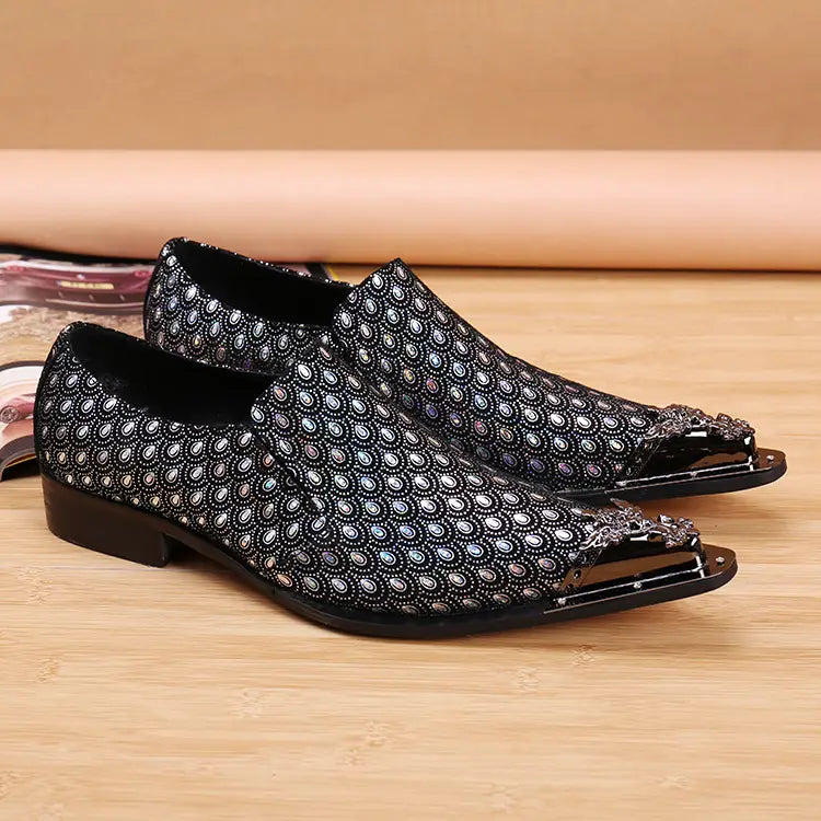 Black and silver patterned luxury mens slip-on leather shoes with stylish metal toe caps.